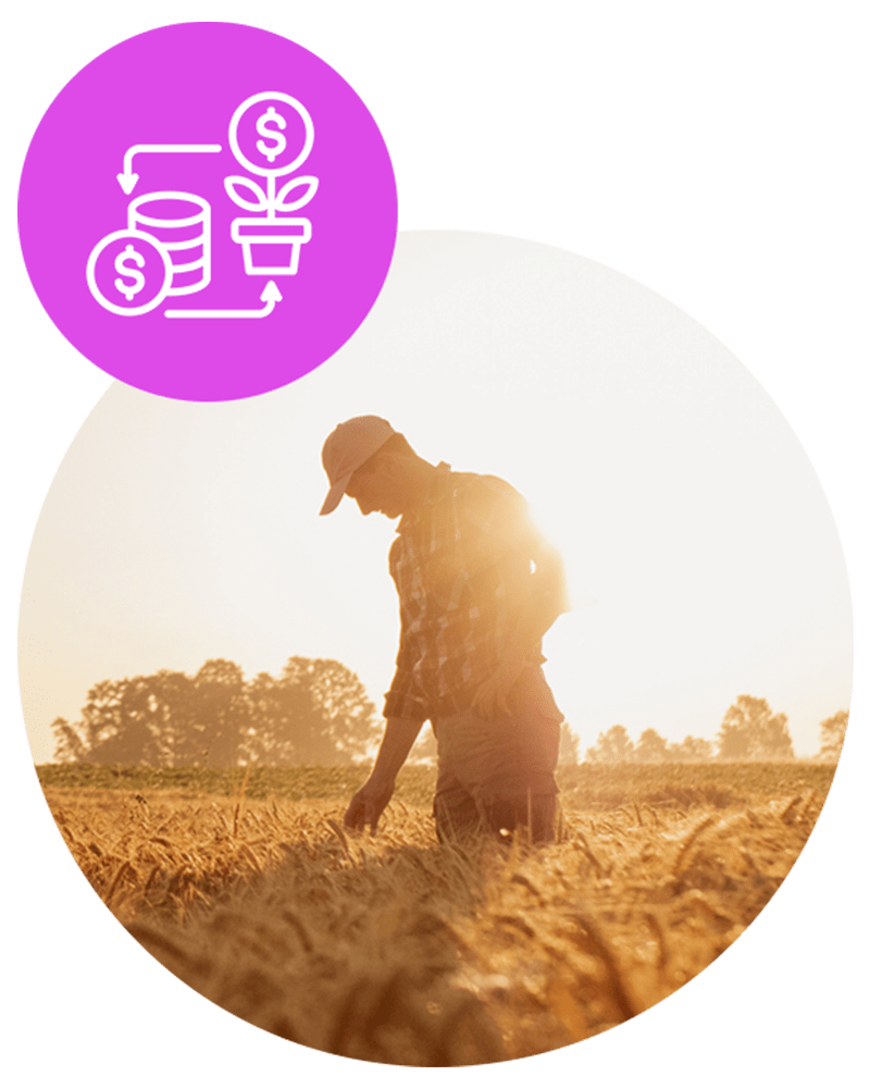 farmer in field as sun is rising with pink agronomy icon
