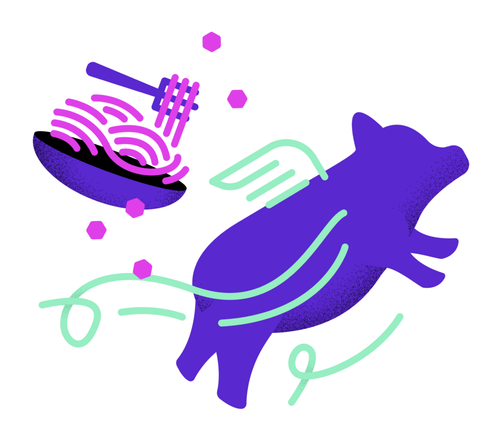 Barefoot coloring - pink, purple and seafoam - of pig flying with wings on and bowl of food